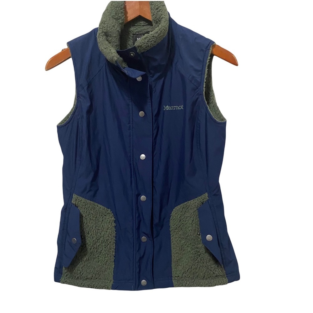 Marmot Blue Green Fuzzy Fleece Polyester Vest Snap Button XS Cozy RARE Gorpcore